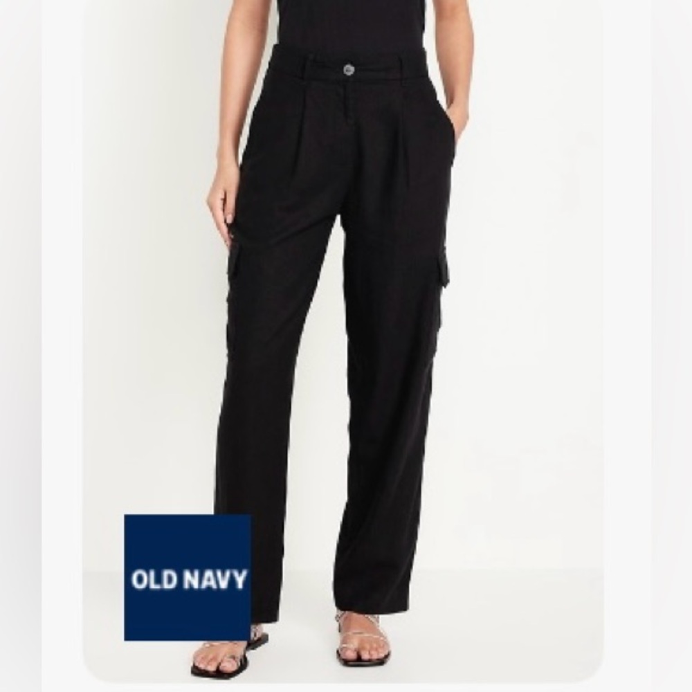 High-Waisted Linen-Blend Cargo Straight Pants | trousers with cargo pockets